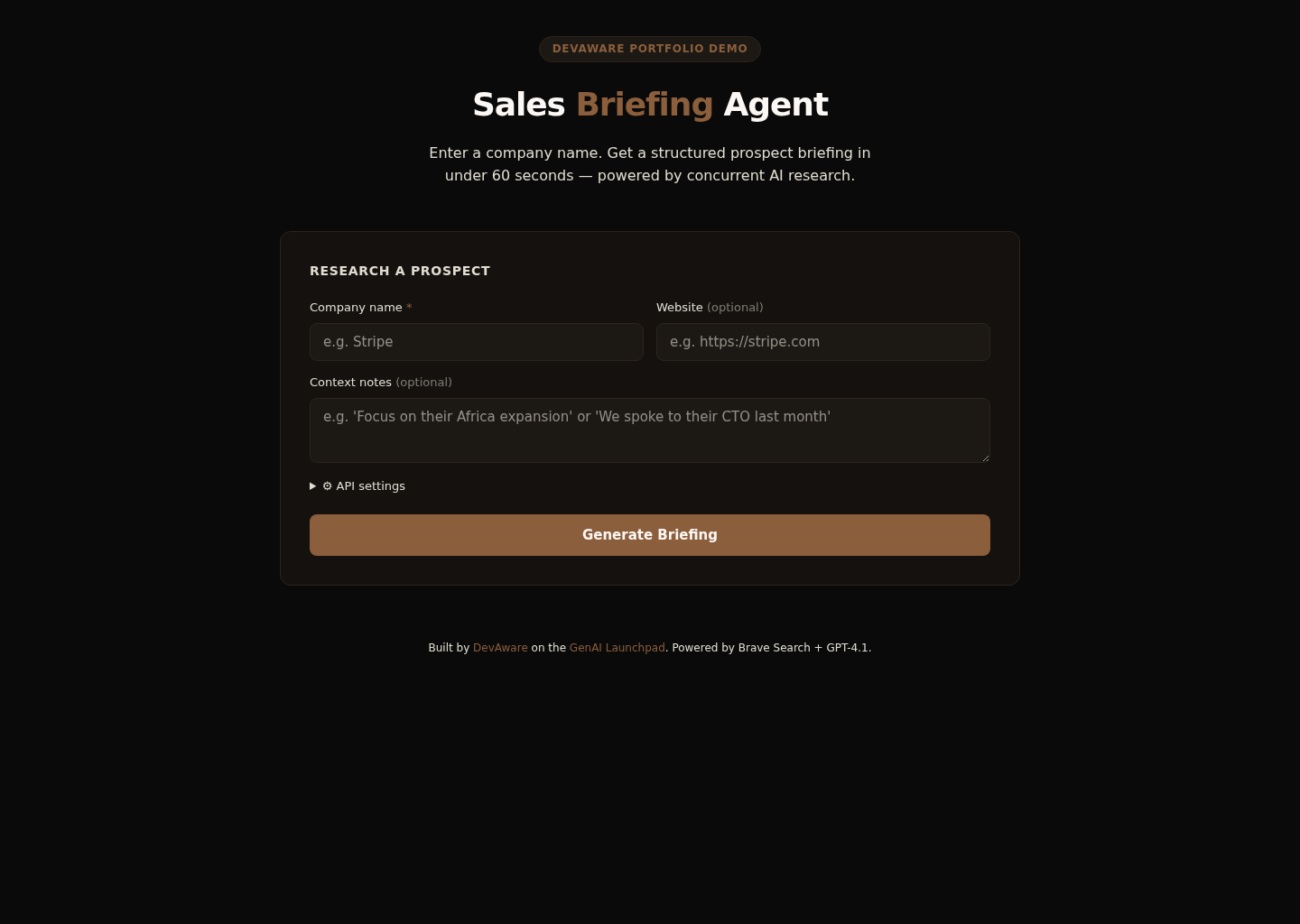 Sales Briefing Agent interface showing structured output